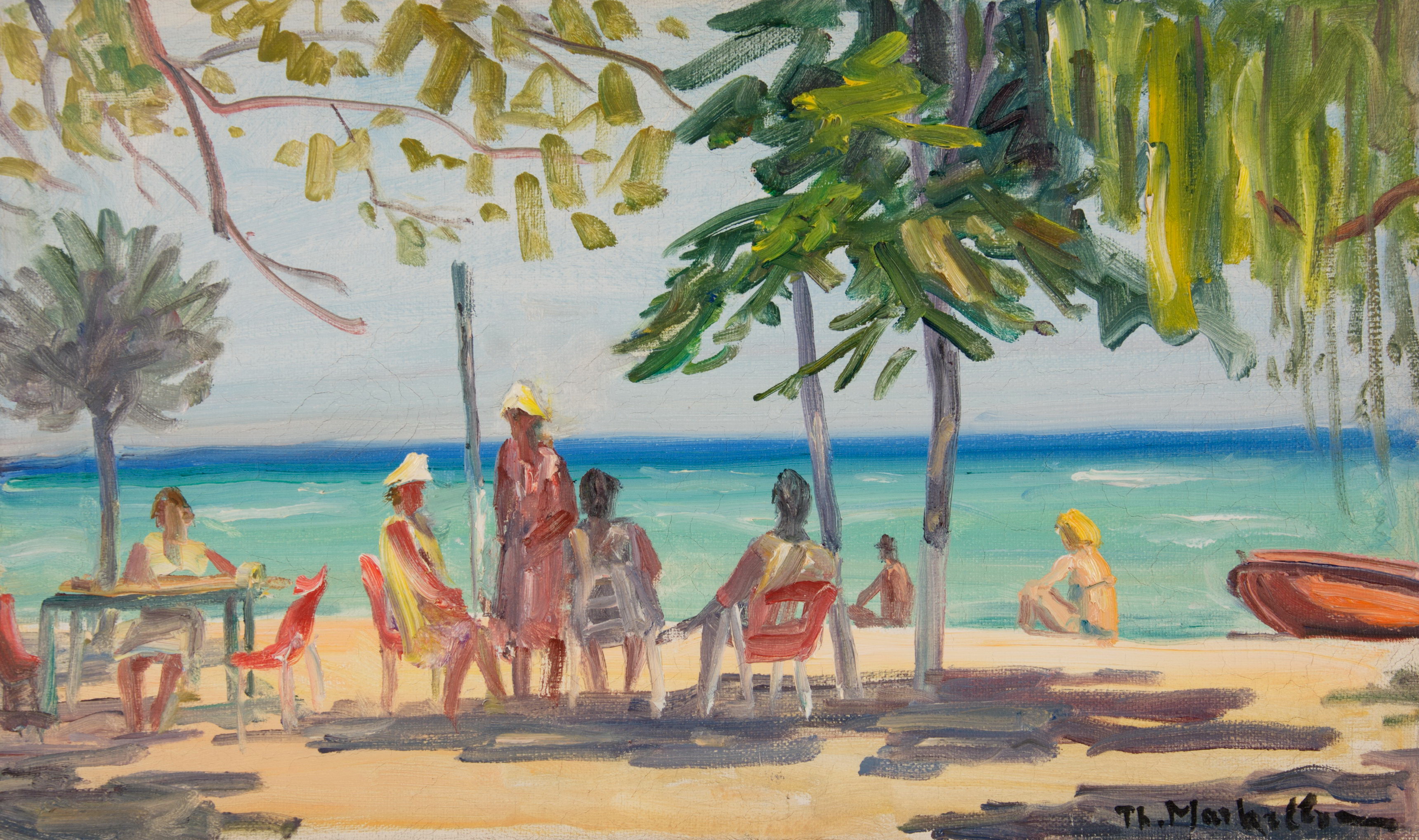 Seaside Café at Nerantza Beach — Theodoros Markellos (Oil on Canvas, 1960s)